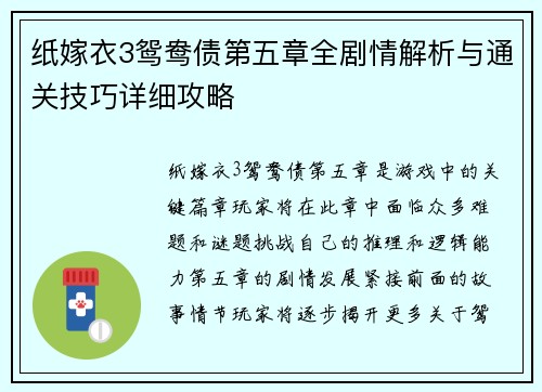 纸嫁衣3鸳鸯债第五章全剧情解析与通关技巧详细攻略